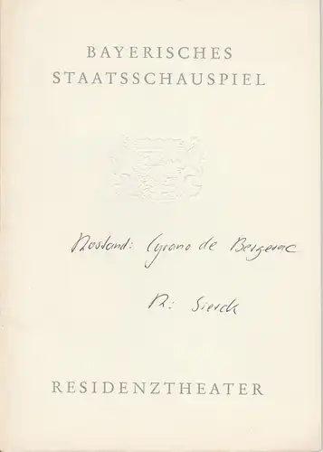 Bayerisches Staatsschauspiel, Helmut Henrichs Wolfgang Kirchner: Programmheft Cyrano von Bergerac. Romantische Komödie von Edmond Rostand Premiere 25. Juli 1963 Residenztheater. 