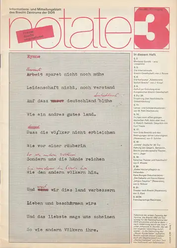 Brecht-Zentrum der DDR, Werner Hecht, Inge Gellert, Sigmar Gerund, u.a: notate 3 Juli 1990 Informations- und Mitteilungsblatt des Brecht-Zentrums der DDR. 