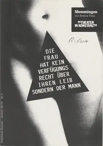 Theater in Konstanz, Ulrich Khuon, Beate Darius: Programmheft MEMMINGEN von Bettina Fless. Premiere 11. Januar 1992 Stadttheater Konstanz Spielzeit 1991 / 92 Nr. 4. 