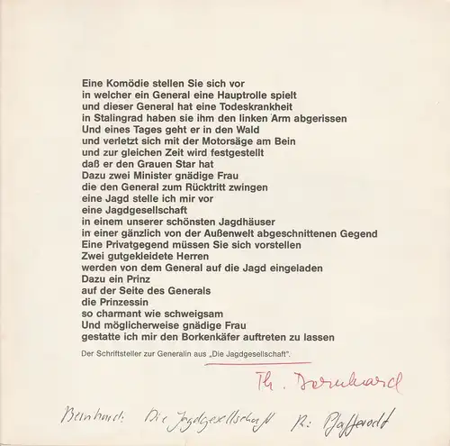 Niedersächsische Staatstheater Hannover, Alexander May, Wolfgang Baumschmid, Joachim Giesel ( Probenfotos ): Programmheft DIE JAGDGESELLSCHAFT von Thomas Bernhard. Premiere 11. Januar 1984 Ballhof. 