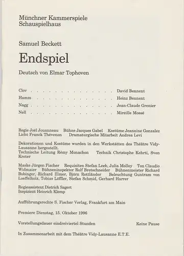 Münchner Kammerspiele, Dieter Dorn, Michael Huthmann, Laura Olivi, Marc Gegenfurther: Programmheft ENDSPIEL von Samuel Beckett Premiere 15. Oktober 1996 Schauspielhaus Spielzeit 1996 / 97 Heft 2. 