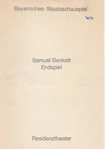 Bayerisches Staatsschauspiel, Helmut Henrichs, Urs Jenny: Programmheft ENDSPIEL von Samuel Beckett. Premiere 19. Mai 1971 Residenztheater. 