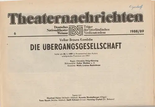 Deutsches Nationaltheater Weimar, Fritz Wendrich, Christine Schild: Theaternachrichten Deutsches Nationaltheater Weimar 6 - 1988 / 89. 