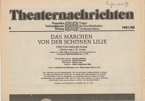 Deutsches Nationaltheater Weimar, Fritz Wendrich, Christine Schild: Theaternachrichten Deutsches Nationaltheater Weimar 9 - 1987 / 88. 