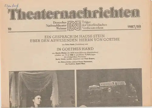 Deutsches Nationaltheater Weimar, Fritz Wendrich, Christine Schild: Theaternachrichten Deutsches Nationaltheater Weimar 10 - 1987 / 88. 