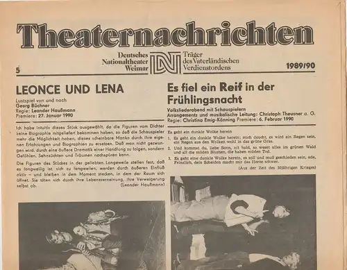 Deutsches Nationaltheater Weimar, Fritz Wendrich, Christine Schild: Theaternachrichten Deutsches Nationaltheater Weimar 5 - 1989 / 90. 