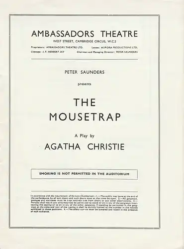 Ambassadors Theatre London, Peter Saunders: Programmheft THE MOUSETRAP. A Play by Agatha Christie. 