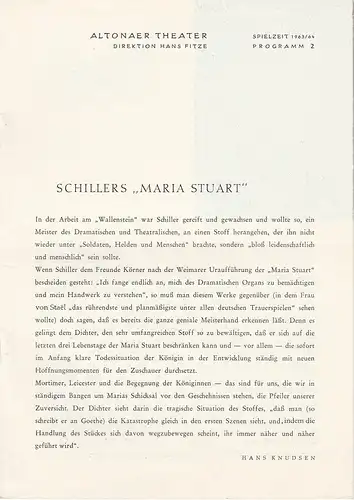 Altonaer Theater, Hans Fitze, Artur E. Dreyer: Programmheft MARIA STUART. Trauerspiel von Friedrich Schiller Spielzeit 1963 / 64 Programm 2. 