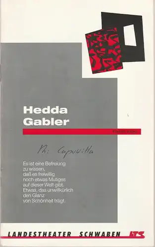 Landestheater Schwaben LTS, Norbert Hilchenbach, Peter Czerepak: Programmheft HEDDA GABLER von Henrik Ibsen. Premiere 16. Januar 1992 Spielzeit 1991 / 92 Heft 7. 