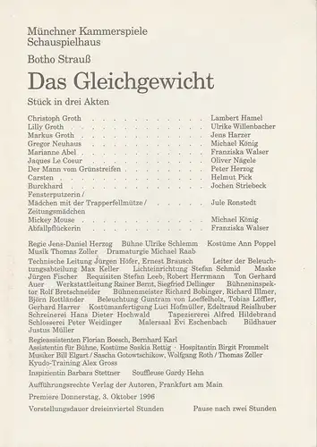 Münchner Kammerspiele, Dieter Dorn, Michael Raab, Marc Gegenfurther: Programmheft Botho Strauß: Das Gleichgewicht  Premiere am 3. Oktober 1996 Schauspielhaus Spielzeit 1998 / 97 Heft 1. 