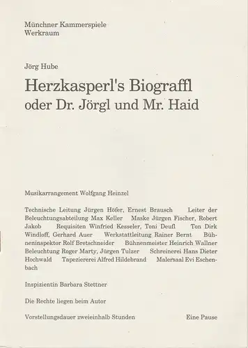 Münchner Kammerspiele, Dieter Dorn, Michael Huthmann, Hermann Malzer, Wolfgang Zimmermann: Programmheft Jörg Hube: Herzkasperl´s Biograffl oder Dr. Jörgl und Mr. Haid Premiere 31. Dezember 1994 Spielzeit 1994 / 95 Werkraum Heft 3. 