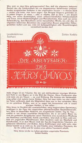 Landesbühnen Sachsen, Alfred Lübke, Rosemarie  Dietrich, Peter Hamann: Programmheft Zoltan Kodaly: Die Abenteuer des Hary Janos Premiere 27. / 28. 10 1984 Spielzeit 1984 / 85 Heft 2. 