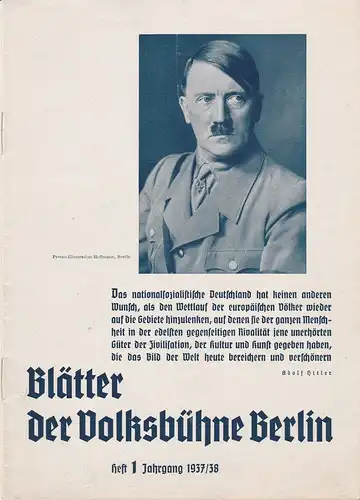 Volksbühne Berlin, Fritz R. Schulz: Blätter der Volksbühne Berlin Heft 1 September / Oktober 1937 Jahrgang 1937 / 38. 