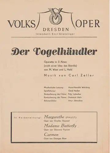 Volksoper Dresden Emil Grotzinger: Programmheft Carl Zeller: DER VOGELHÄNDLER. 