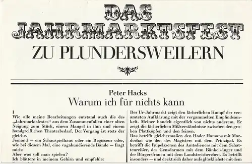 Staatstheater Dresden, Ute Baum, Ekkehard Walter: Programmheft Peter Hacks: DAS JAHRMARKTSFEST zu PLUNDERSWEILERN Premiere 30. November 1978 Spielzeit 1978 / 79. 