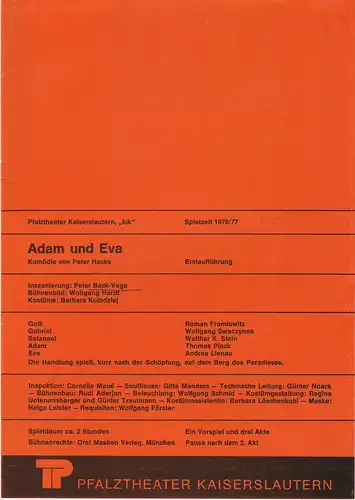 Pfalztheater Kaiserslautern, Wolfgang Blum, Peter Back-Vega: Programmheft ADAM UND EVA. Komödie von Peter Hacks Premiere 24.10.1976 im kik Spielzeit 1976 / 77 Heft 5. 