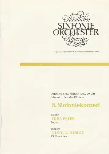 Staatliches Sinfonieorchester Schwerin, Walter König, Dieter Klett: Programmheft 5. Sinfoniekonzert 20. Februar 1969 Schwerin Haus der Offiziere. 