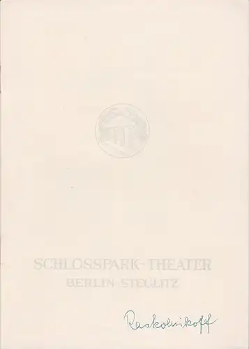 Schlosspark-Theater Berlin, Boleslaw Barlog, Albert Beßler: Programmheft Dostojewski, RASKOLNIKOFF Spielzeit 1960 / 61 Heft 90. 