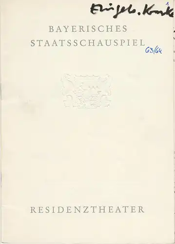 Bayerisches Staatsschauspiel, Helmut Henrichs, Gerhard Reuter, Iri Seiser: Programmheft Neuinszenierung Moliere DER EINGEBILDETE KRANKE Premiere 9. Oktober 1963 Residenztheater Spielzeit 1963 / 64. 