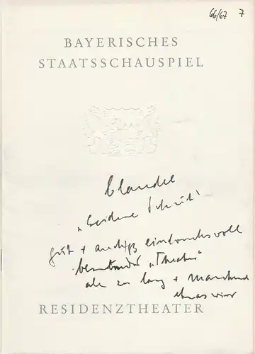 Bayerisches Staatsschauspiel, Helmut Henrichs, Dieter Hackemann: Programmheft Paul Claudel DER SEIDENE SCHUH Premiere 19. Februar 1967 Residenztheater Spielzeit 1966 / 67. 