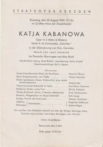 Staatsoper Dresden, Günter Haußwald: Programmheft Ostrowskij / Leos Janacek KATJA KABANOWA 23. August 1949. 