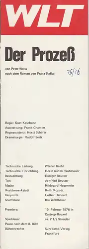 Westfälisches Landestheater WLT, Frieder Weber, Ernst Franz, Ekkehard Schönwiese, Rudolf Seitz: Programmheft Franz Kafka DER PROZESS Premiere 19. Februar 1976 Castrop-Rauxel Spielzeit 1975 / 76. 