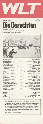 Westfälisches Landestheater WLT, Frieder Weber, Ernst Franz, Rüdiger Meinl: Programmheft Albert Camus DIE GERECHTEN Premiere 27. Mai 1977. 