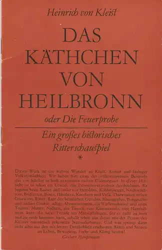 Staatstheater Dresden, Fred Larondelle, Wolfgang Hauswald, Ekkehard Walter: Programmheft Heinrich von Kleist DAS KÄTHCHEN VON HEILBRONN Premiere 15. Dezember 1977. 