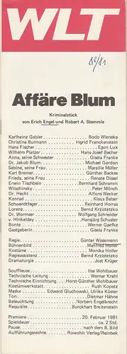 Westfälisches Landestheater WLT, Herbert Hauck, Ernst Franz, Jost Krüger: Programmheft Erich Engel AFFÄRE BLUM Premiere 20. Februar 1981 Spielzeit 1980 / 81. 
