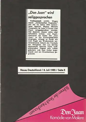 Bühnen der Stadt Nordhausen, Siegfried Mühlhaus, Astrid Straßberger, Hubert Kross jr: Programmheft Moliere: DON JUAN oder DER STEINERNE GAST Premiere 17. April 1987. 