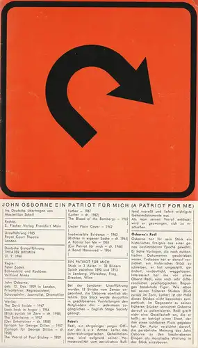 Theater der Freien Hansestadt Bremen, Kurt Hübner: Programmheft John Osborne EIN PATRIOT FÜR MICH Premiere 21. 9. 1966. 