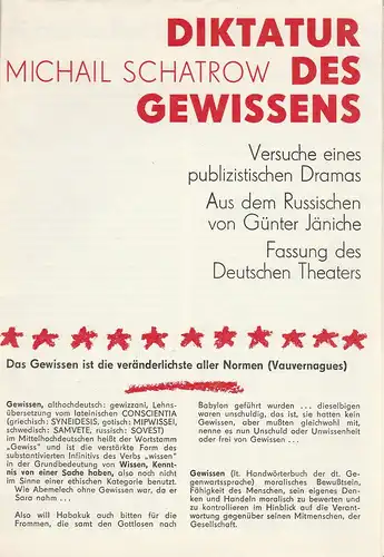 Deutsches Theater, Dieter Mann, Hans Nadolny, Heinz Rohloff: Programmheft Michail Schatrow DIKTATUR DES GEWISSENS Premiere 5. Juli 1988. 