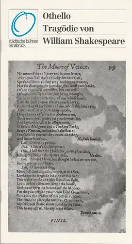 Städtische Bühnen Osnabrück, Erdmut C. August, Rolf Wilken: Programmheft William Shakespeare OTHELLO, DER MOHR VON VENEDIG Premiere 1. Juni 1990 Spielzeit 1989 / 90 Großes Haus. 