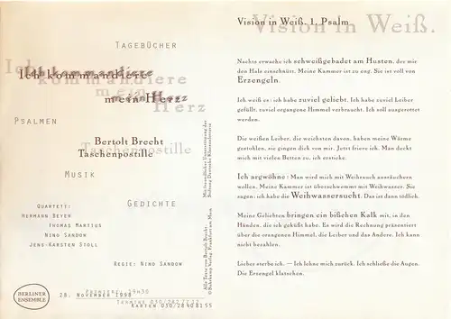 Berliner Ensemble: Programmheft ICH KOMMANDIERE MEIN HERZ Bertolt Brecht Taschenpostille Premiere 28. November 1998. 