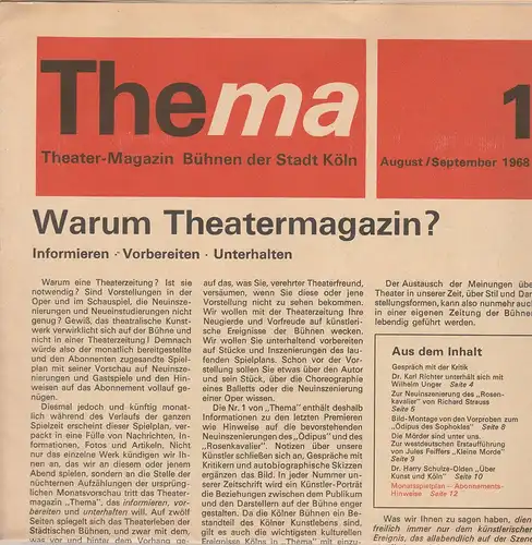 Bühnen der Stadt Köln: THEMA 1 August / September 1968 Theatermagazin Bühnen der Stadt Köln. 