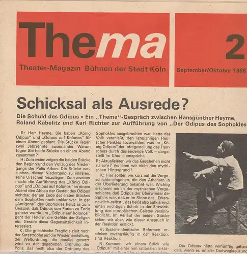 Bühnen der Stadt Köln: THEMA 2 September / Oktober 1968 Theatermagazin Bühnen der Stadt Köln. 
