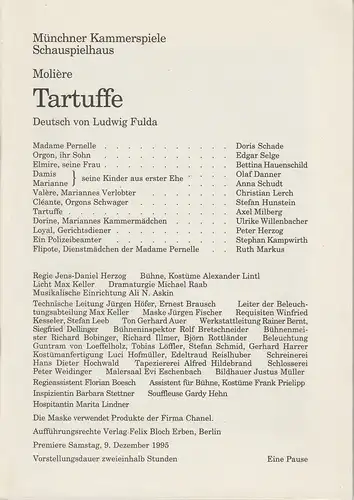 Münchner Kammerspiele, Dieter Dorn, Michael Raab, Hermann Malzer, Undine Damköhler, Michael Huthmann: Programmheft Tartuffe von Moliere. Premiere am 9. Dezember 1995 Schauspielhaus Spielzeit 1995 / 96 Heft 2. 