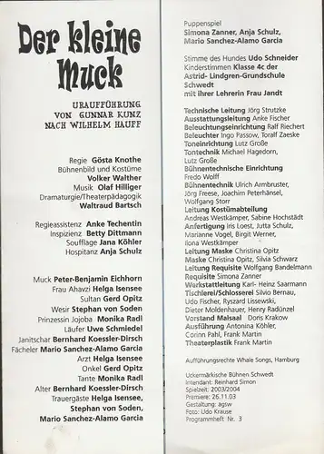 Uckermärkische Bühnen Schwedt, Reinhard Simon, Udo Krause: Programmheft Uraufführung Wilhelm Hauff DER KLEINE MUCK Premiere 26.November 2003 Spielzeit 2003 / 04 Heft 3. 