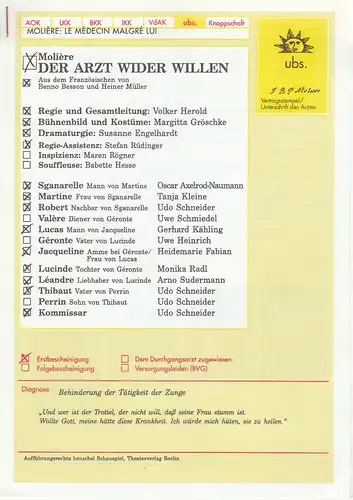 Uckermärkische Bühnen Schwedt, Reinhard Simon, Susanne Engelhardt: Programmheft Moliere DER ARZT WIDER WILLEN Premiere 8. Juni 2001 Spielzeit 2000 / 01 Heft 10. 