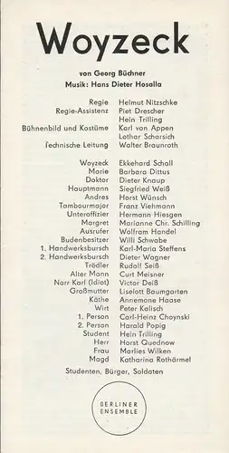 Berliner Ensemble, Helene Weigel: Programmheft Georg Büchner WOYZECK Premiere 4. November 1970. 