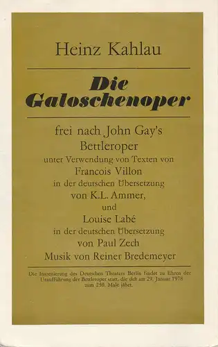 Deutsches Theater Berlin, Gerhard Wolfram, Hans Nadolny, Heinz Rohloff: Programmheft Heinz Kahlau DIE GALOSCHENOPER 1977  93. Spielzeit. 