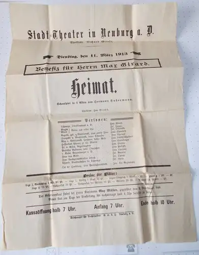 Stadt=Theater Neuburg a. Donau, Richard Griese: Theateraushang HEIMAT Schauspiel von Hermann Sudermann 11. März 1913. 