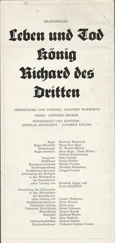 Deutsches Theater Berlin, Hanns Anselm Perten, Werner Heinitz, Heinz Rohloff: Programmheft Shakespeare LEBEN UND TOD KÖNIG RICHARD DES DRITTEN 1972 87. Spielzeit. 