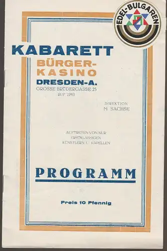 Kabarett Bürgerkasino Dresden-A., M. Sachse, Bürger - Kasino: Programmheft Gastspiel Fred vom Hof 1. - 7. Dezember 1928. 