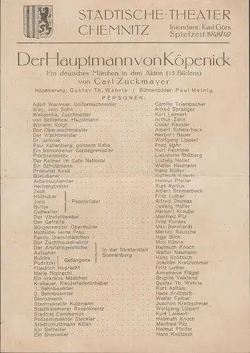 Städtische Theater Chemnitz, Karl Görs: Theaterzettel Carl Zuckmayer DER HAUPTMANN VON KÖPENICK Spielzeit 1948 / 49. 