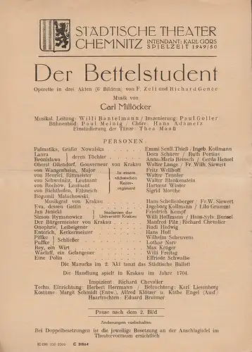 Städtische Theater Chemnitz, Karl Görs: Theaterzettel Carl Millöcker DER BETTELSTUDENT Spielzeit 1949 / 50. 