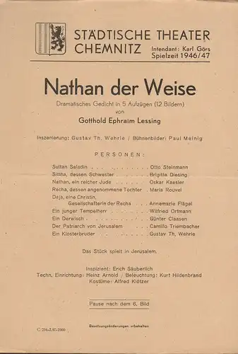 Städtische Theater Chemnitz, Karl Görs: Theaterzettel Gotthold Ephraim Lessing NATHAN DER WEISE Spielzeit 1946 / 47. 