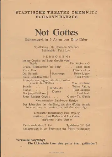 Städtische Theater Chemnitz: Theaterzettel Otto Erler  NOT GOTTES ca. 1943 Schauspielhaus. 