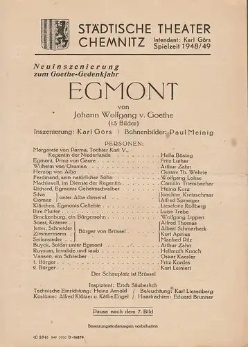 Städtische Theater Chemnitz, Karl Görs: Theaterzettel Johann Wolfgang von Goethe EGMONT Spielzeit 1948 / 49. 