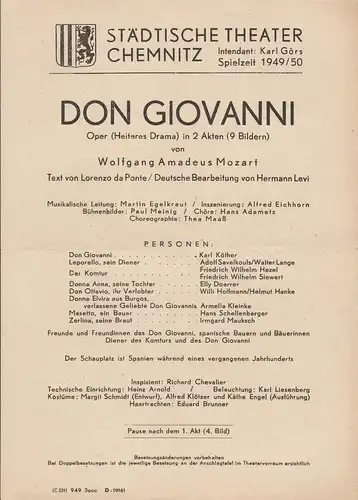 Städtische Theater Chemnitz, Karl Görs: Theaterzettel Wolfgang Amadeus Mozart DON GIOVANNI Spielzeit 1949 / 50. 